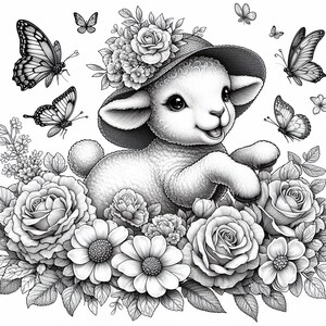 May include: A black and white illustration of a lamb wearing a straw hat with flowers. The lamb is surrounded by roses and other flowers. There are butterflies flying around the lamb.