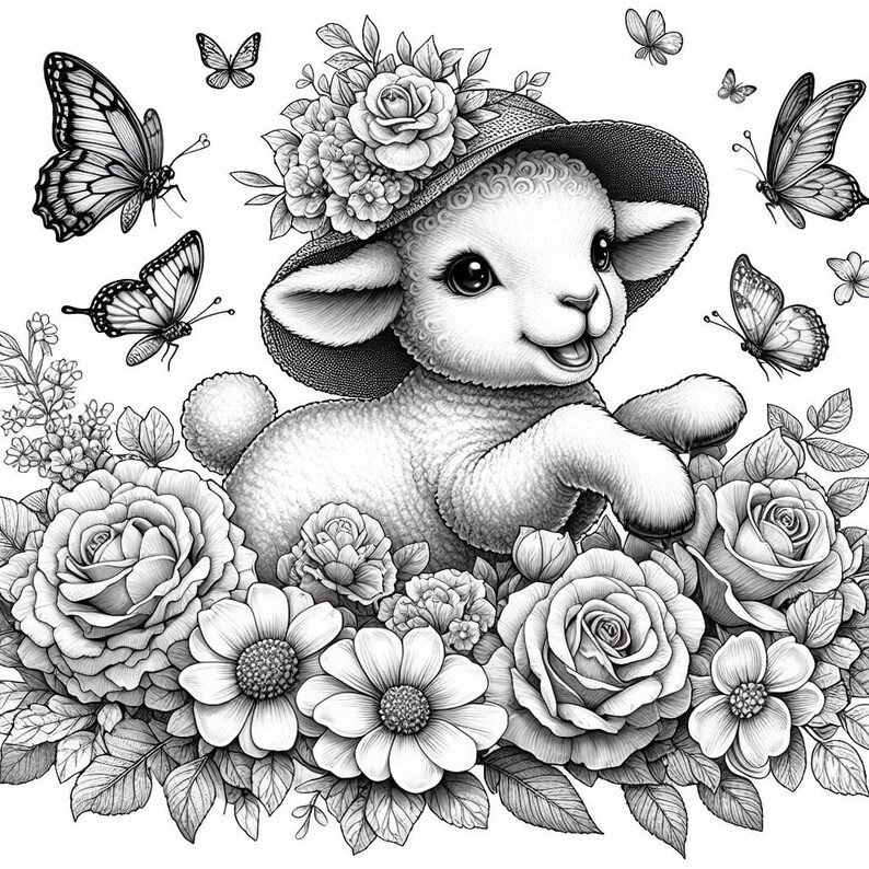 May include: A black and white illustration of a lamb wearing a straw hat with flowers. The lamb is surrounded by roses and other flowers. There are butterflies flying around the lamb.