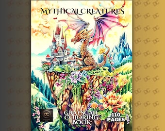 Livro de colorir em tons de cinza de criaturas míticas, 54 páginas para colorir de fantasia, dragões e bestas mágicas, arte de fantasia sombria, PDF imprimível 8,5x11