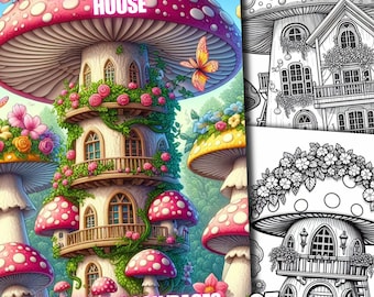 67 Livro para colorir de casa de cogumelo, páginas para colorir de casa de fadas, casa de fantasia de fadas para impressão em escala de cinza, conto de fadas para adultos e crianças imprimir