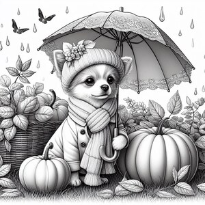 May include: A black and white illustration of a chihuahua wearing a knitted scarf and hat, holding an umbrella. The chihuahua is standing in front of a basket of pumpkins and fall foliage.