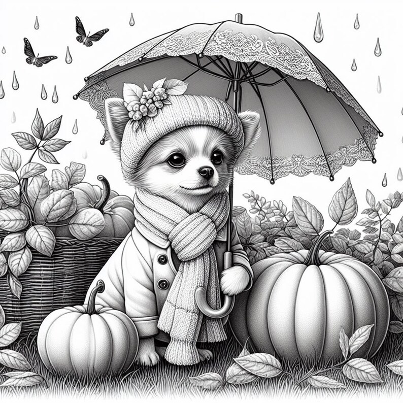 May include: A black and white illustration of a chihuahua wearing a knitted scarf and hat, holding an umbrella. The chihuahua is standing in front of a basket of pumpkins and fall foliage.