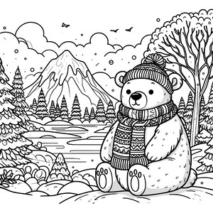 May include: A black and white illustration of a polar bear wearing a hat and scarf, sitting in a snowy winter landscape. The background features a mountain, trees, and clouds, creating a cozy, wintery scene.