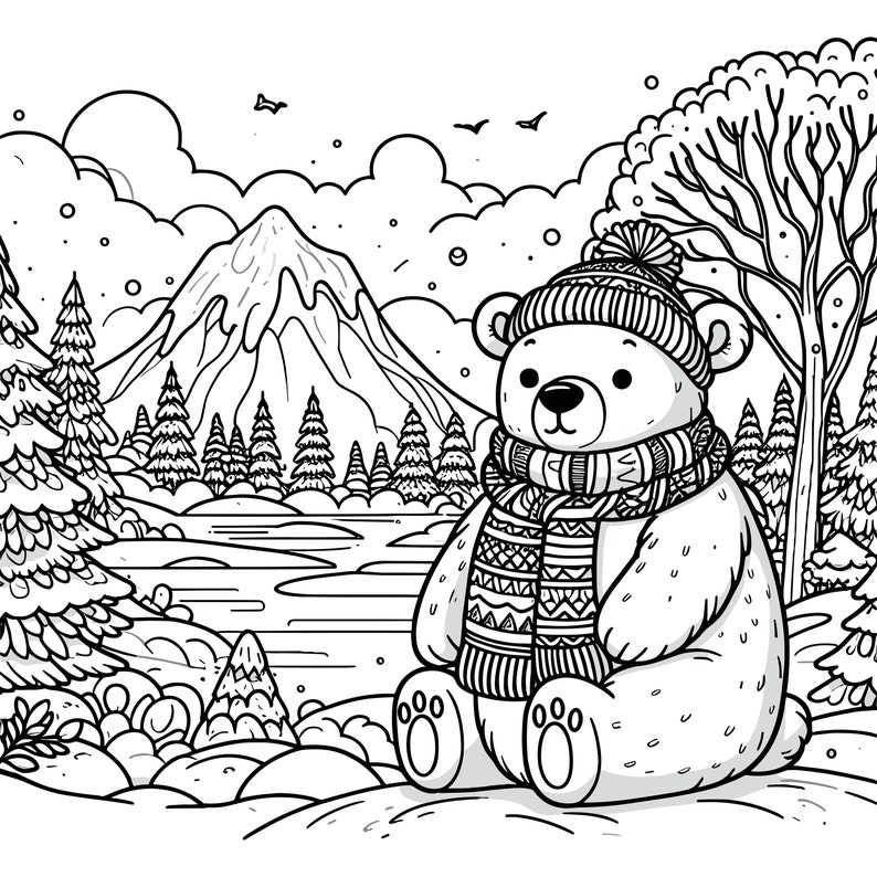 May include: A black and white illustration of a polar bear wearing a hat and scarf, sitting in a snowy winter landscape. The background features a mountain, trees, and clouds, creating a cozy, wintery scene.