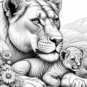 May include: A black and white illustration of a lioness and her cub. The lioness is looking off to the side with a gentle expression, while the cub is looking at the viewer. The image is drawn in a realistic style with detailed fur and features.