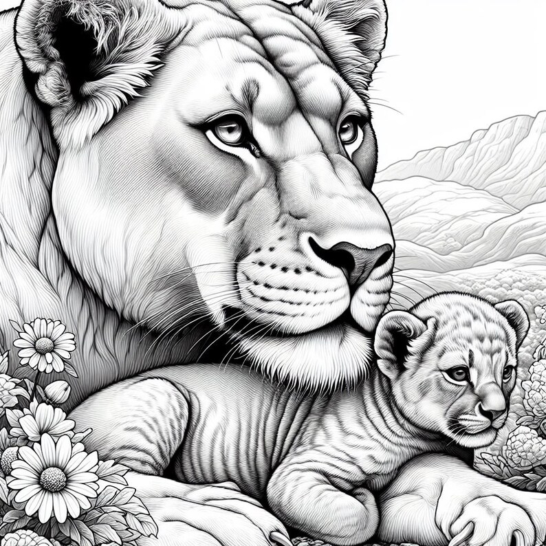 May include: A black and white illustration of a lioness and her cub. The lioness is looking off to the side with a gentle expression, while the cub is looking at the viewer. The image is drawn in a realistic style with detailed fur and features.