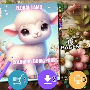 May include: A coloring book featuring a cute, white lamb with big blue eyes surrounded by pink and white flowers. The book cover says "Floral Lamb Coloring Book/Pages" and "40 Pages".