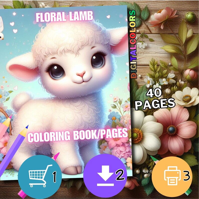 May include: A coloring book featuring a cute, white lamb with big blue eyes surrounded by pink and white flowers. The book cover says "Floral Lamb Coloring Book/Pages" and "40 Pages".