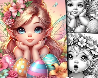 50 Easter Fairy Coloring Book, Easter Floral Fairies Coloring Pages Cute Easter Eggs with Spring Flowers Grayscale for Adults and Kids Print