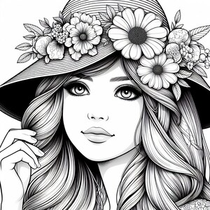 May include: Black and white illustration of a woman wearing a wide-brimmed hat adorned with flowers and foliage. The woman has long, flowing hair and is holding the brim of the hat. The image is a detailed line drawing.
