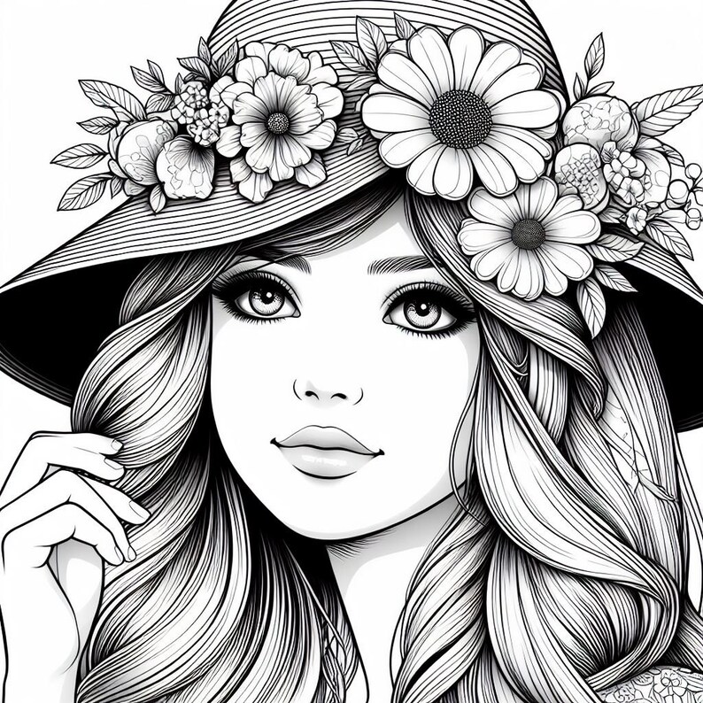 May include: Black and white illustration of a woman wearing a wide-brimmed hat adorned with flowers and foliage. The woman has long, flowing hair and is holding the brim of the hat. The image is a detailed line drawing.