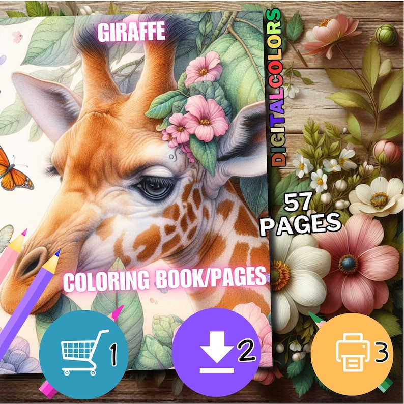 May include: A coloring book featuring a close-up of a giraffe's face with pink flowers on its head. The book has 57 pages and is available for purchase, download, or printing.