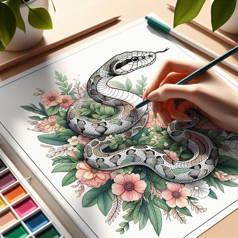May include: A detailed illustration of a snake with a floral arrangement. The snake is colored in shades of brown, gray, and white, with a black outline. The flowers are pink and white, with green leaves. A hand is holding a pencil, coloring the illustration.