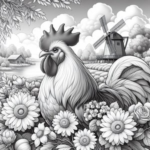 May include: A black and white illustration of a rooster standing in a field of flowers. The rooster has a large comb and wattles, and its tail feathers are spread out. In the background, there is a windmill and a farmhouse.