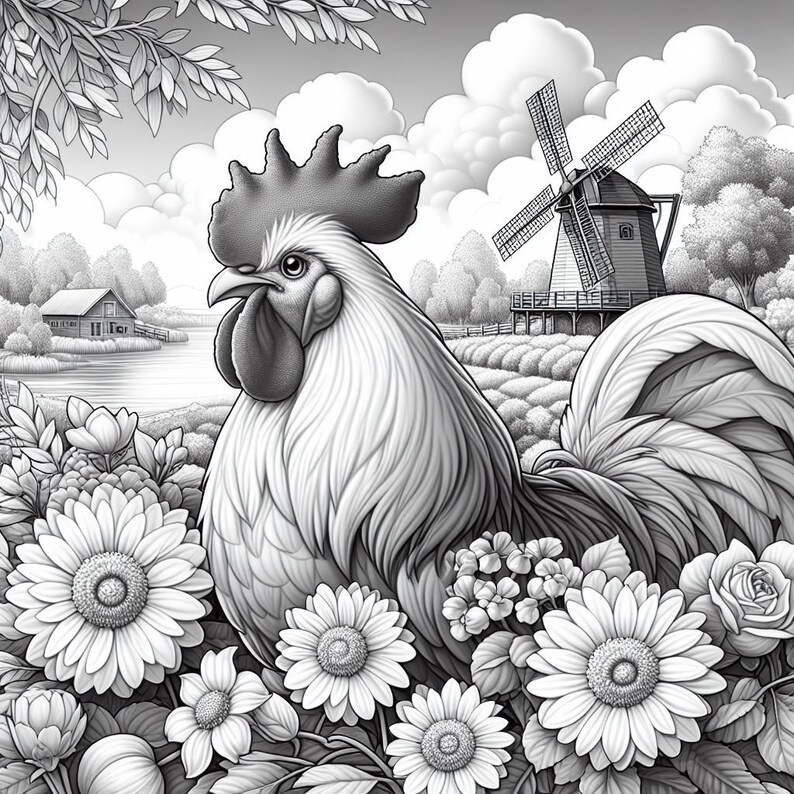 May include: A black and white illustration of a rooster standing in a field of flowers. The rooster has a large comb and wattles, and its tail feathers are spread out. In the background, there is a windmill and a farmhouse.
