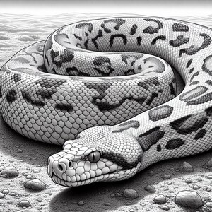 May include: A grayscale illustration of a snake coiled on a sandy surface. The snake's body is patterned with dark spots and scales, and its head is in the foreground, with its eye visible. The snake's body is thick and muscular.