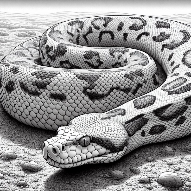 May include: A grayscale illustration of a snake coiled on a sandy surface. The snake's body is patterned with dark spots and scales, and its head is in the foreground, with its eye visible. The snake's body is thick and muscular.