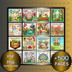 Puede incluir: Una colección de libros para colorear coloridos con temas de primavera y Pascua. Los títulos incluyen "Cozy Bible Verse", "Cozy Easter Egg" y "Spring Garden". La imagen también incluye el texto "PDF + PNG DOWNLOAD" y "+500 PAGES."