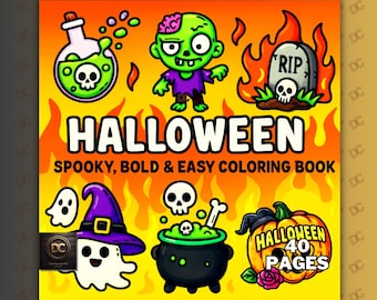 May include: A Halloween-themed coloring book cover with cartoon illustrations. The cover features a zombie, ghost, cauldron, tombstone, and pumpkin. The title "HALLOWEEN" is displayed in large letters, with the text "SPOOKY, BOLD & EASY COLORING BOOK" below.