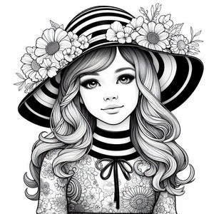 May include: Black and white illustration of a person wearing a wide-brimmed hat with black and white stripes and floral embellishments. The person has long, wavy hair and a floral patterned top. The hat is adorned with various flowers.