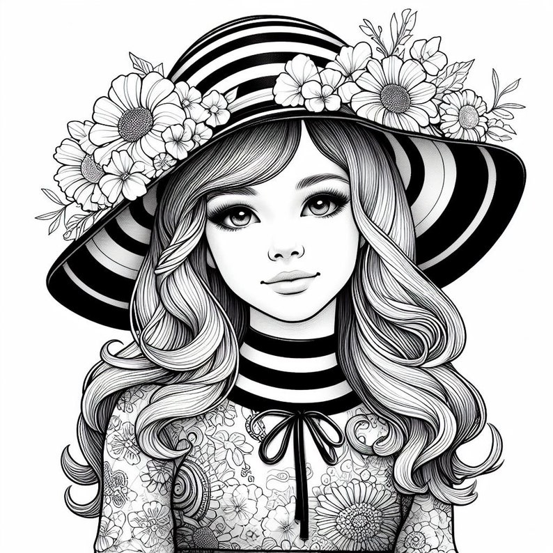 May include: Black and white illustration of a person wearing a wide-brimmed hat with black and white stripes and floral embellishments. The person has long, wavy hair and a floral patterned top. The hat is adorned with various flowers.