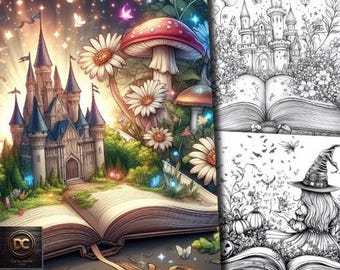 75 Open Magic Book Coloring Pages, Magical Enchanted Fairytale Books Coloring Book, Halloween Witch Fantasy Grayscale Adult & Kids Print Pdf