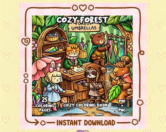 Cozy Coloring Book, Cozy Forest Coloring Page, Cute Woodland Scenes, Magical Cottage Printable, Digital Adult Coloring Pages,