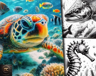 May include: A coloring book cover featuring a colorful sea turtle swimming in a blue ocean with coral reefs. The cover also includes a black and white illustration of a seahorse and the text "Ocean Animals Coloring Book/Pages 125 Pages".