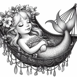 May include: A black and white illustration of a mermaid sleeping in a hammock. The mermaid has long flowing hair, a flower crown, and a detailed fishtail. The hammock is decorated with tassels and has a woven pattern.