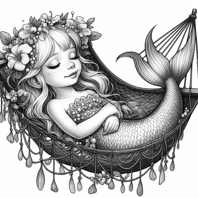 May include: A black and white illustration of a mermaid sleeping in a hammock. The mermaid has long flowing hair, a flower crown, and a detailed fishtail. The hammock is decorated with tassels and has a woven pattern.