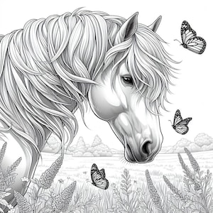 May include: A black and white line drawing of a horse's head with flowing mane, looking down at a field of flowers and butterflies. The horse is in profile, with its head turned slightly to the side. The background is a simple landscape with trees and grass.