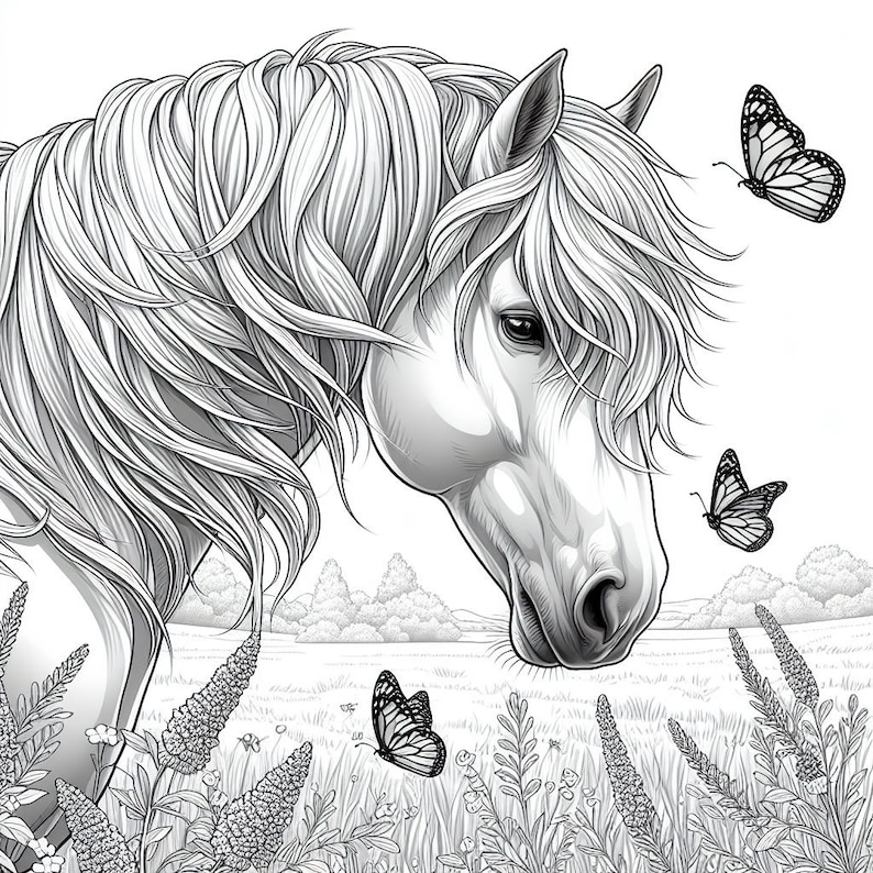 May include: A black and white line drawing of a horse's head with flowing mane, looking down at a field of flowers and butterflies. The horse is in profile, with its head turned slightly to the side. The background is a simple landscape with trees and grass.