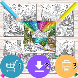 May include: A collection of winter-themed coloring pages, featuring scenes of mountains, cabins, and animals. The central image is a vibrant, rainbow-colored landscape with a skier. Other pages show a bear on a sled and a person on a snowboard. The image includes icons for shopping, download, and print.