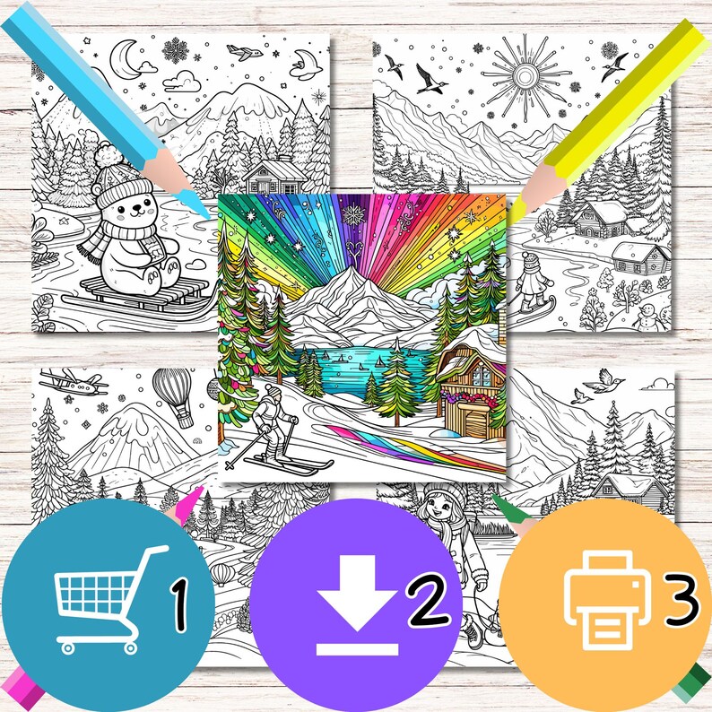 May include: A collection of winter-themed coloring pages, featuring scenes of mountains, cabins, and animals. The central image is a vibrant, rainbow-colored landscape with a skier. Other pages show a bear on a sled and a person on a snowboard. The image includes icons for shopping, download, and print.