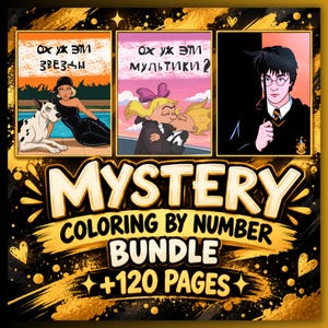 Puede incluir: Un paquete digital de colorear por números misteriosos con 120 páginas. El gráfico muestra tres ilustraciones distintas de estilo caricatura, incluyendo una persona con un perro, dos personajes besándose y un joven mago, con el texto MYSTERY COLORING BY NUMBER BUNDLE +120 PAGES.