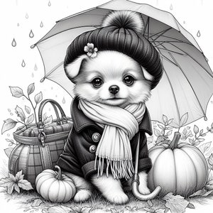 May include: A black and white illustration of a small dog wearing a black coat, a scarf, and a hat with a pom-pom. The dog is holding an umbrella and sitting next to a pumpkin and a basket.