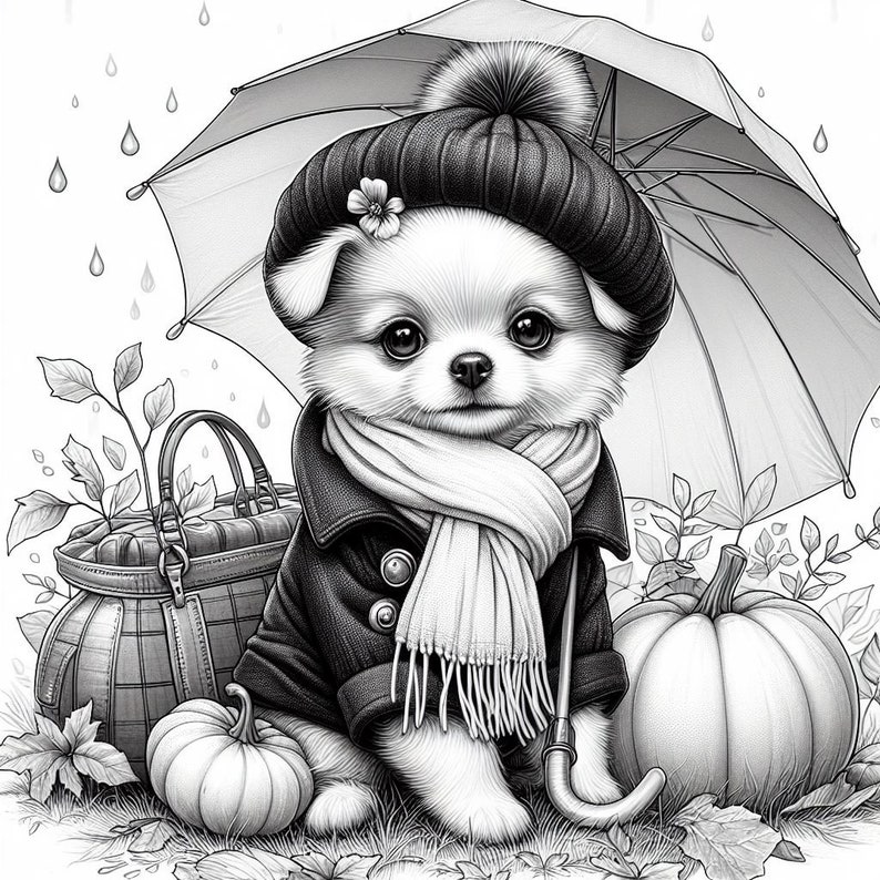 May include: A black and white illustration of a small dog wearing a black coat, a scarf, and a hat with a pom-pom. The dog is holding an umbrella and sitting next to a pumpkin and a basket.