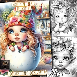 Puede incluir: Un libro para colorear con un gnomo con un sombrero floral sentado dentro de una cáscara de huevo. La portada del libro también incluye una ilustración en blanco y negro de un gnomo con una corona de flores. El título del libro es "Gnome in an Eggshell" y tiene 38 páginas.