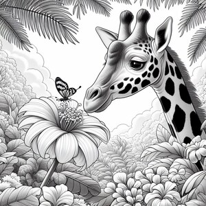 May include: A black and white illustration of a giraffe looking at a butterfly perched on a flower. The giraffe has a spotted pattern and is surrounded by lush foliage.
