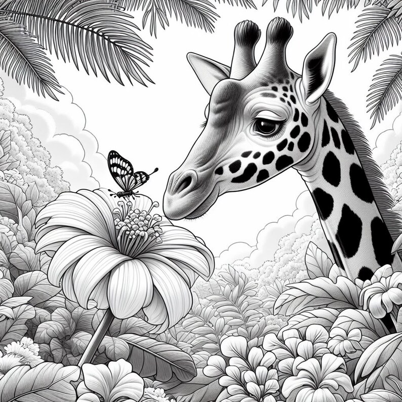 May include: A black and white illustration of a giraffe looking at a butterfly perched on a flower. The giraffe has a spotted pattern and is surrounded by lush foliage.