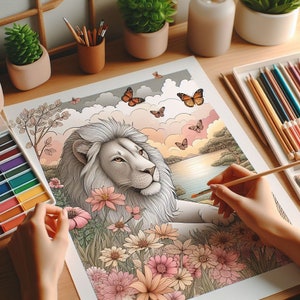 May include: A white lion with a detailed mane sits in a field of pink and yellow flowers. Butterflies fly around the lion and a sunset is in the background.