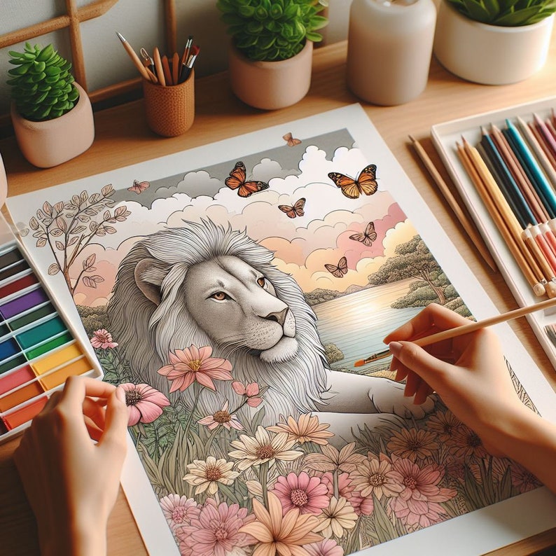 May include: A white lion with a detailed mane sits in a field of pink and yellow flowers. Butterflies fly around the lion and a sunset is in the background.
