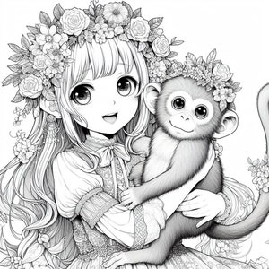 May include: A black and white line drawing of a young girl with long hair wearing a flower crown and holding a monkey. The girl is smiling and the monkey is looking at the viewer.