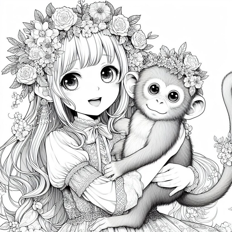 May include: A black and white line drawing of a young girl with long hair wearing a flower crown and holding a monkey. The girl is smiling and the monkey is looking at the viewer.