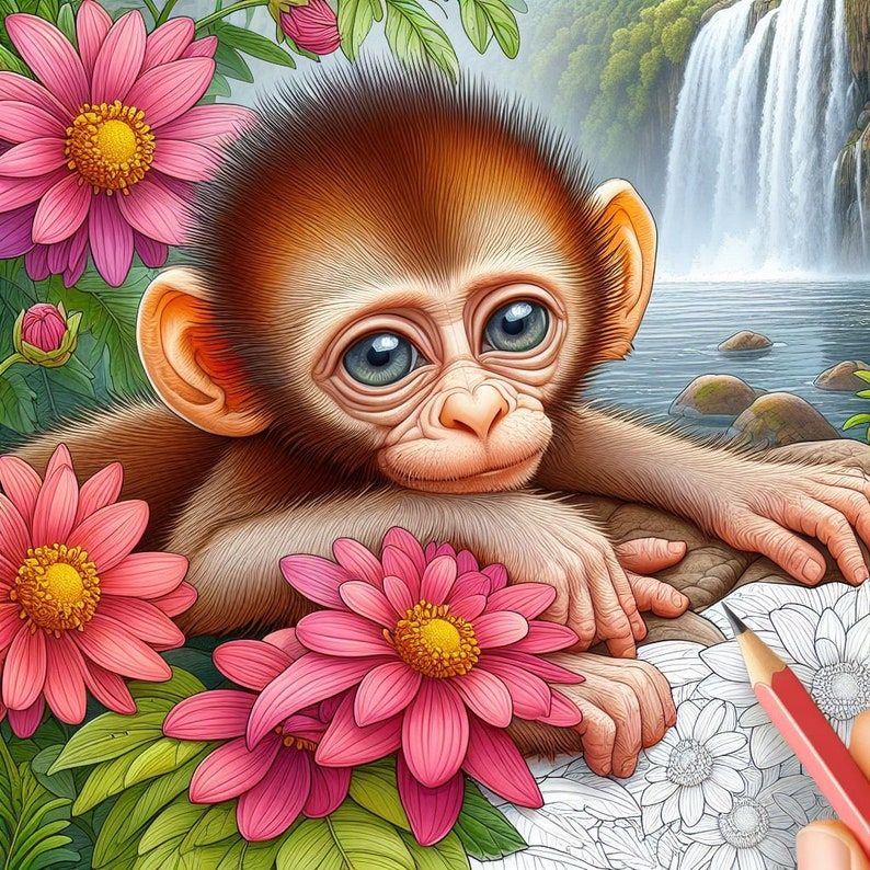 May include: A close-up of a brown monkey with large, expressive eyes. The monkey is sitting on a rock with a waterfall in the background. Pink flowers are in the foreground.