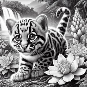 May include: A black and white illustration of a small ocelot kitten sitting in a lush jungle setting. The kitten has large, expressive eyes and a spotted coat. The background features a waterfall, lush foliage, and tropical flowers.