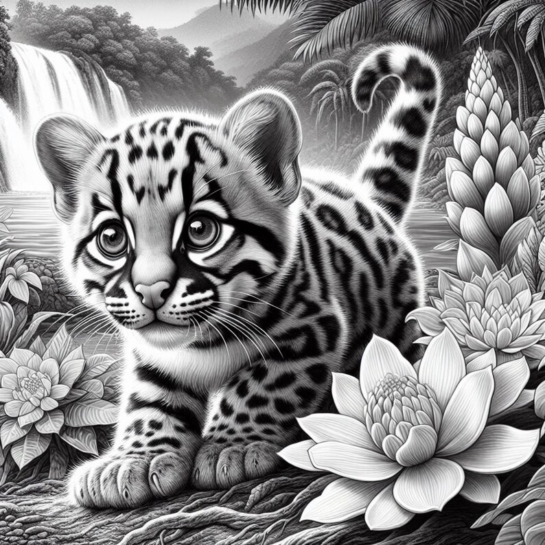 May include: A black and white illustration of a small ocelot kitten sitting in a lush jungle setting. The kitten has large, expressive eyes and a spotted coat. The background features a waterfall, lush foliage, and tropical flowers.
