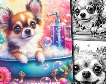 40 pagine da colorare di cani Chihuahua nella vasca da bagno, cani Chihuahua nella vasca da bagno, libro da colorare, pagine da colorare in scala di grigi per bambini adulti Scarica stampabile