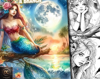 55 Mermaid Girl on a Branch and a Moon Sky Coloring Pages, Mermaid Coloring Book Grayscale Fantasy Mermaid Coloring Adults & Kids Print Pdf