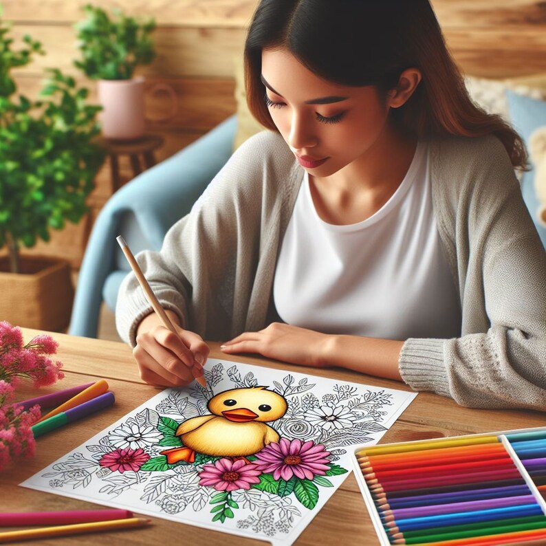 May include: A person coloring a drawing of a yellow duckling surrounded by pink flowers with colored pencils. The drawing is on a white sheet of paper.
